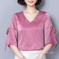 Мода резка V-образное сплошное шелк Silk Sweet Top